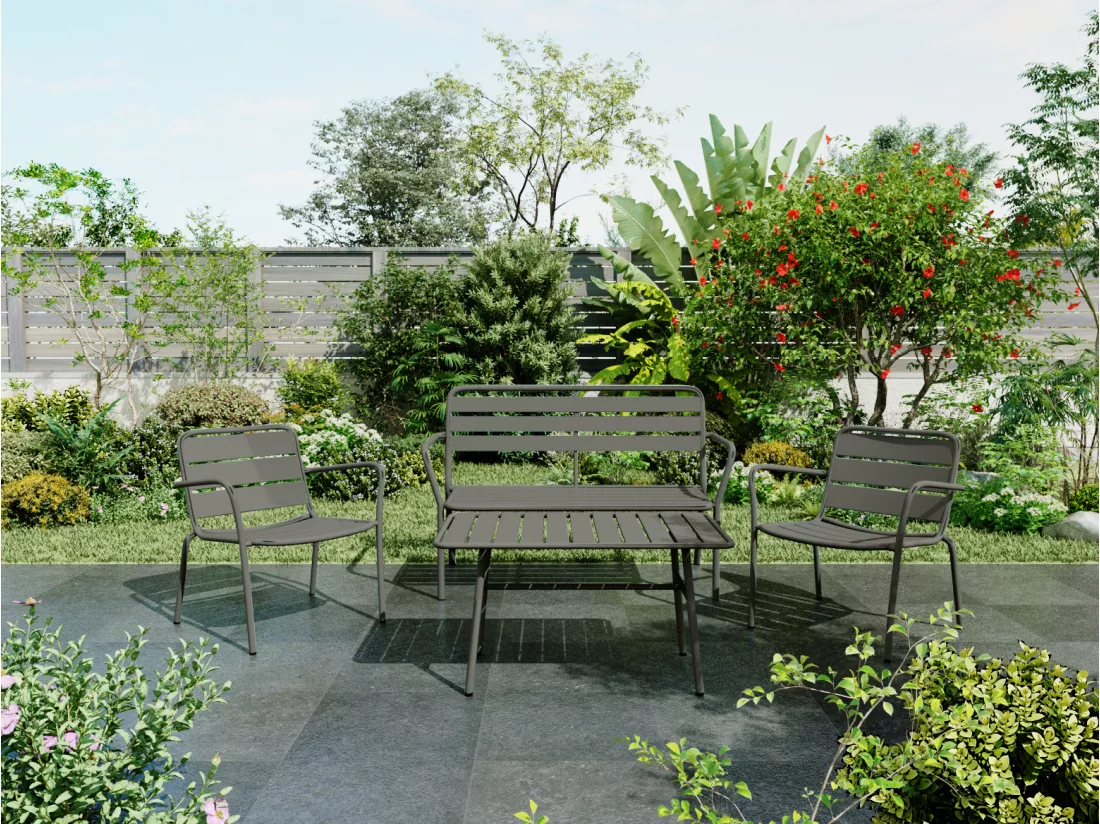 Salon de jardin en métal : un banc, 2 fauteuils bas et une table basse - Gris anthracite - MIRMANDE de MYLIA