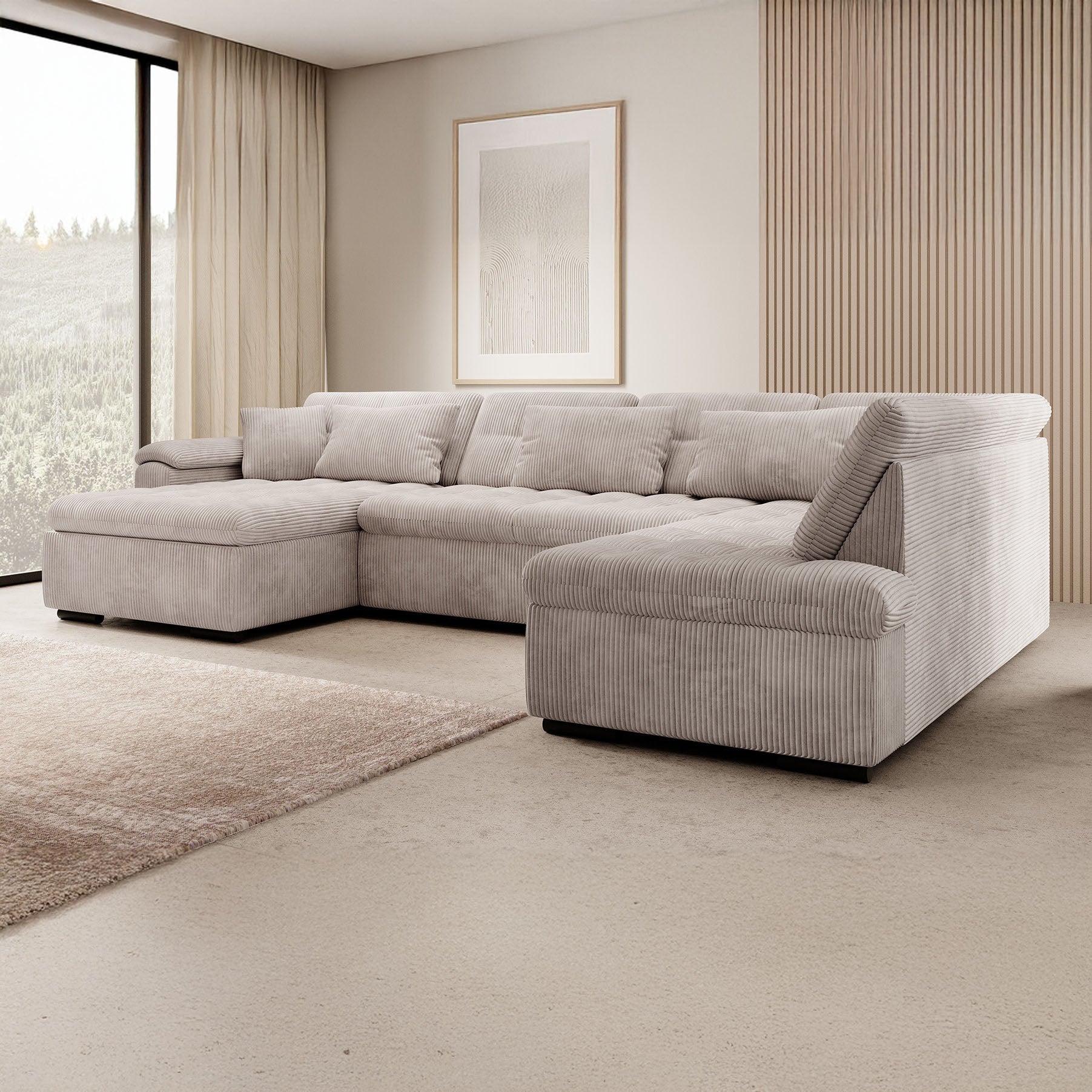 Nicoreta - Hoekbank 5-zits met chaise longue - Ribstof beige - Links