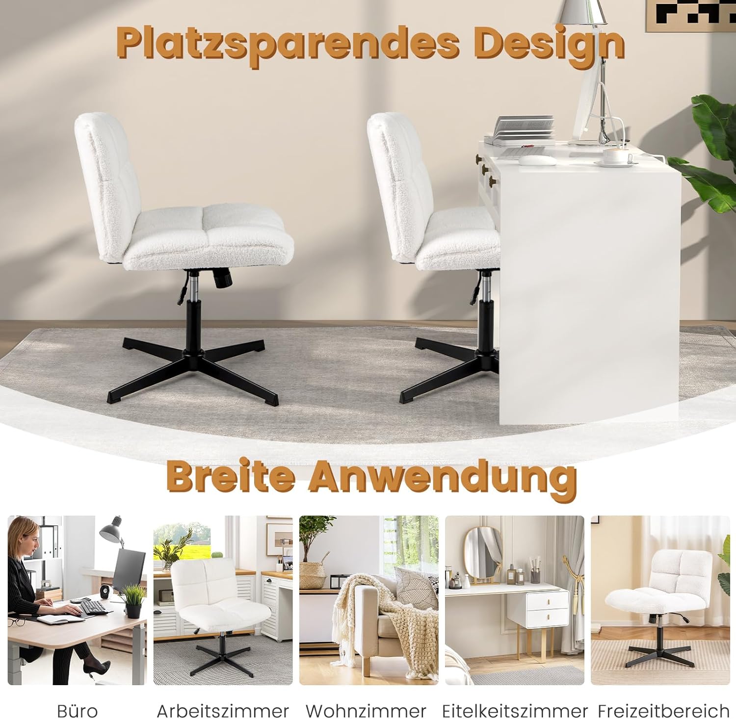 COSTWAY Schneidersitz Stuhl, Drehstuhl ohne Armlehnen, Schreibtischstuhl mit breiter Sitzfläche, Bürostuhl mit Kreuzfuß, Schminkstuhl, höhenverstellbar, Wippfunktion, modern (Beige)