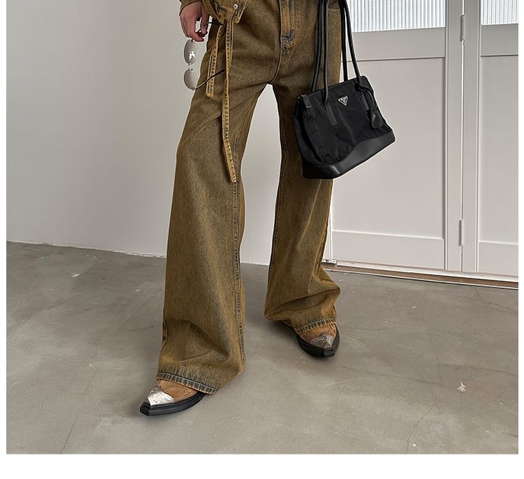 Nahagin - Gewassen denim jasje met knopen / Low Rise Flared jeans