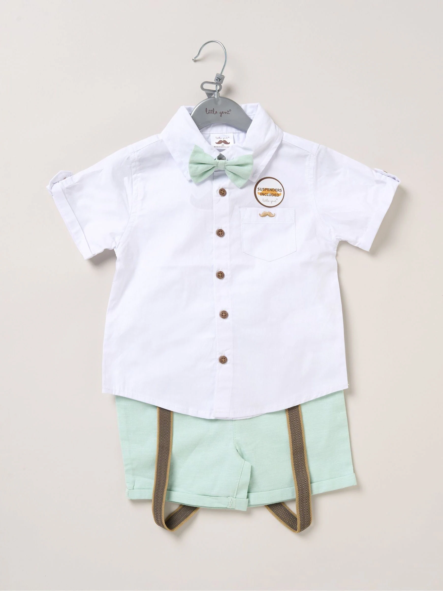 Lichtgroen - Little Gent bodysuit-overhemd, korte broek en bretels outfitset