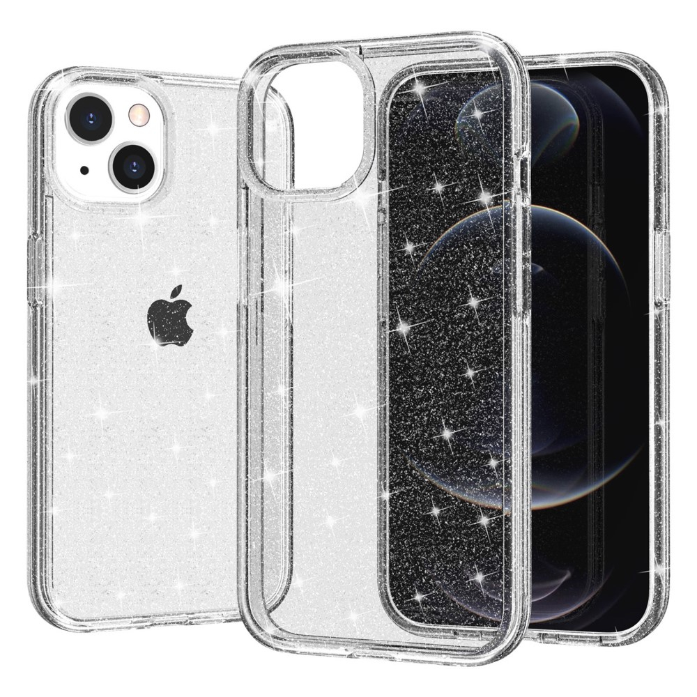 iPhone 15 Hybrid Hardcase Schutzhülle im Glitzer Design - Silber / Transparent