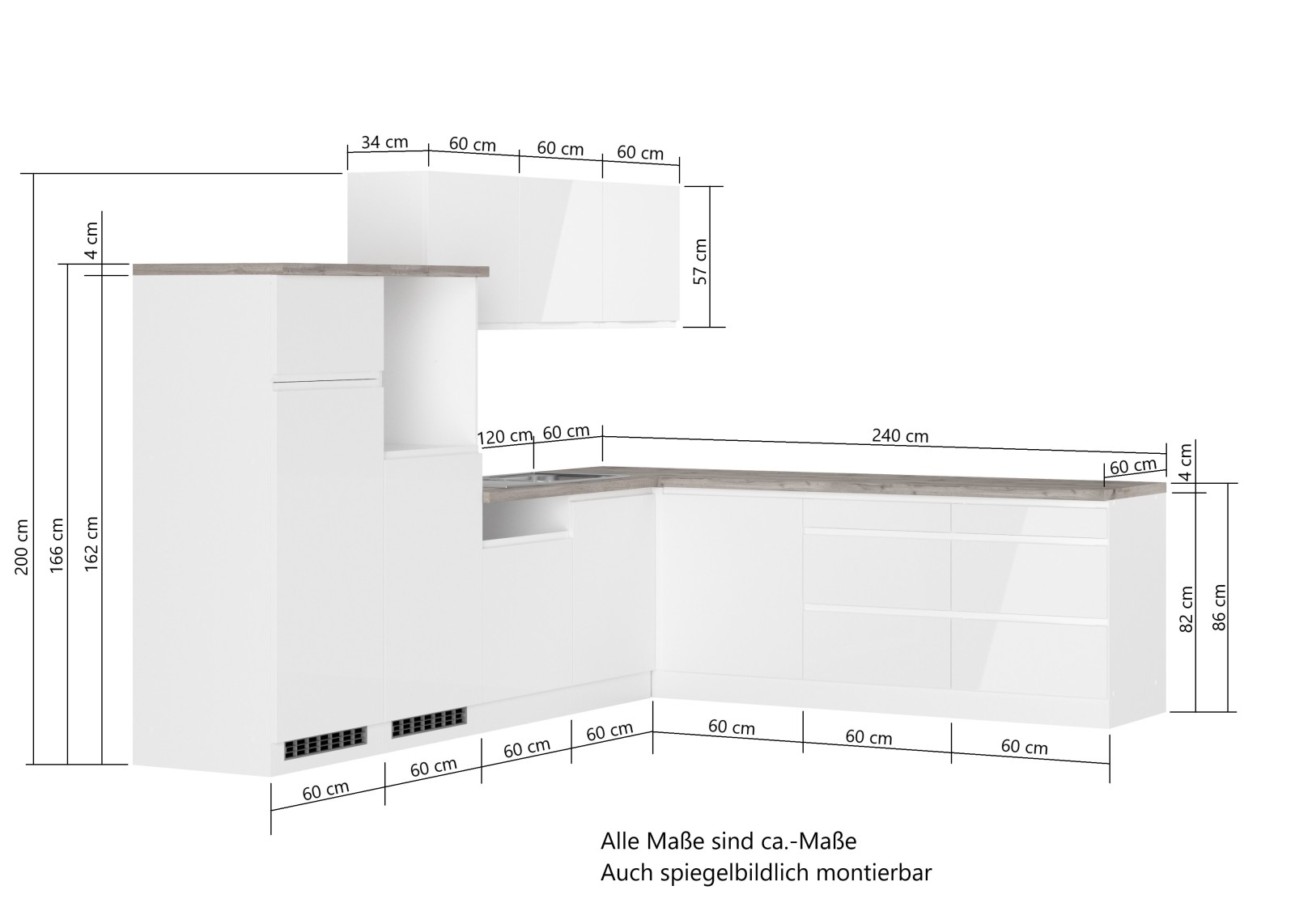 Winkelküche MONZA - weiß Hochglanz - Wotaneiche - 300x240 cm