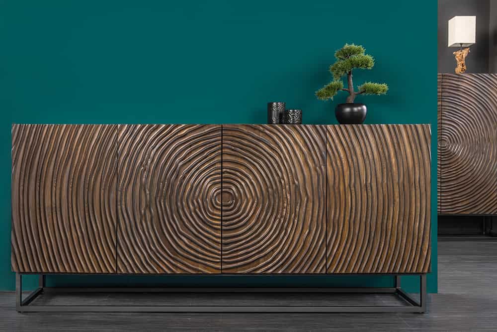 Massives Sideboard ZEN CIRCLES 180cm dunkelbraun Mangoholz 3D-Design