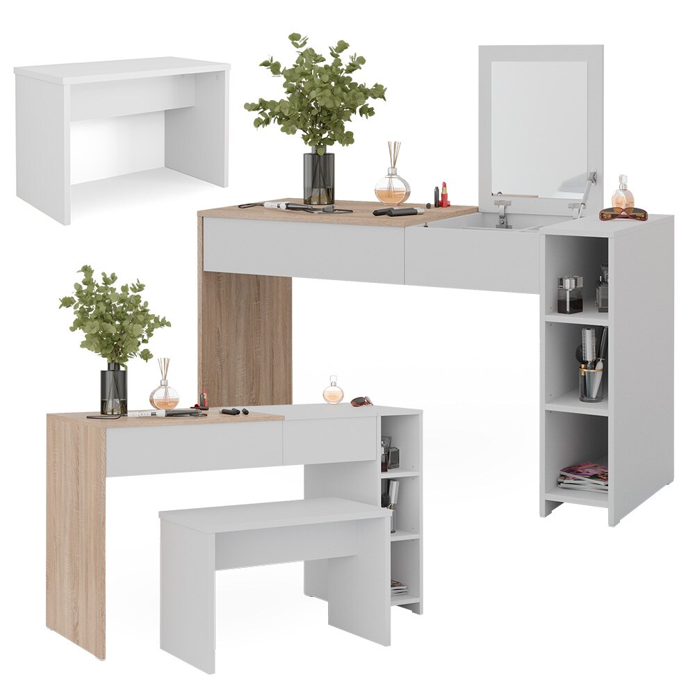 Vicco Schminktisch Kira, 129 x 76 cm, Weiß Sonoma, Frisiertisch, Spiegel, Bank, modern