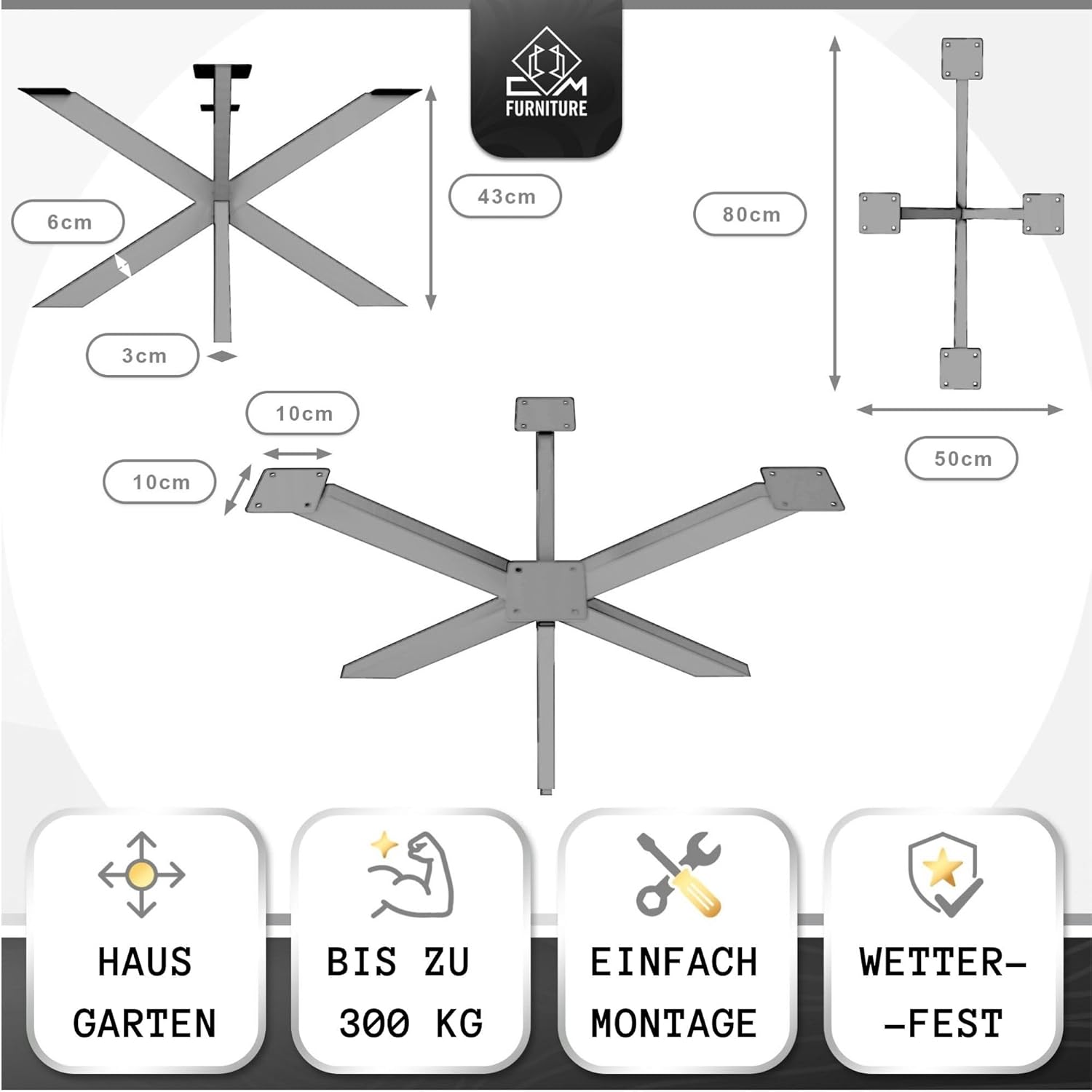 Spider Tischgestell I Stahl Pulverbeschichtet I Tischbeine für Esstisch Couchtisch I Tischkufen Tischfusse Möbelfüße aus Metall - H43 x B50 x L80 cm - Anthracit