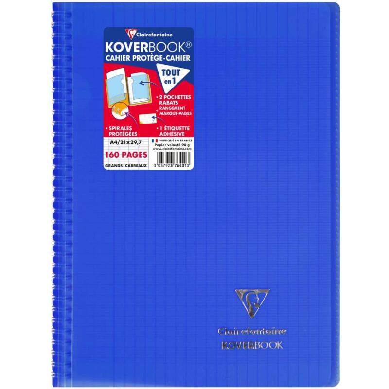 Cahier reliure intégrale enveloppante Koverbook A4 160 pages grands carreaux couverture polypropylène transparent - Assortis