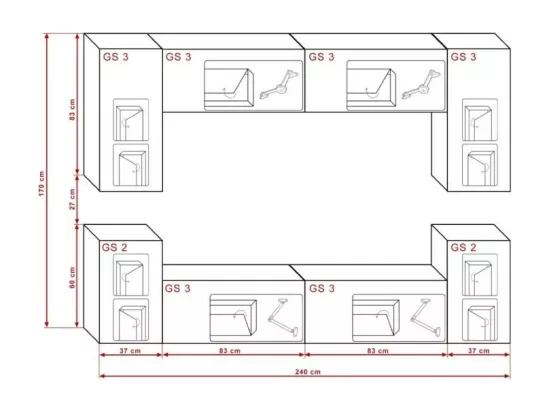 Ensemble de meubles de salon blanc suspendus collection CEPTO I 240cm, 8 portes, 6 étagères, leds.