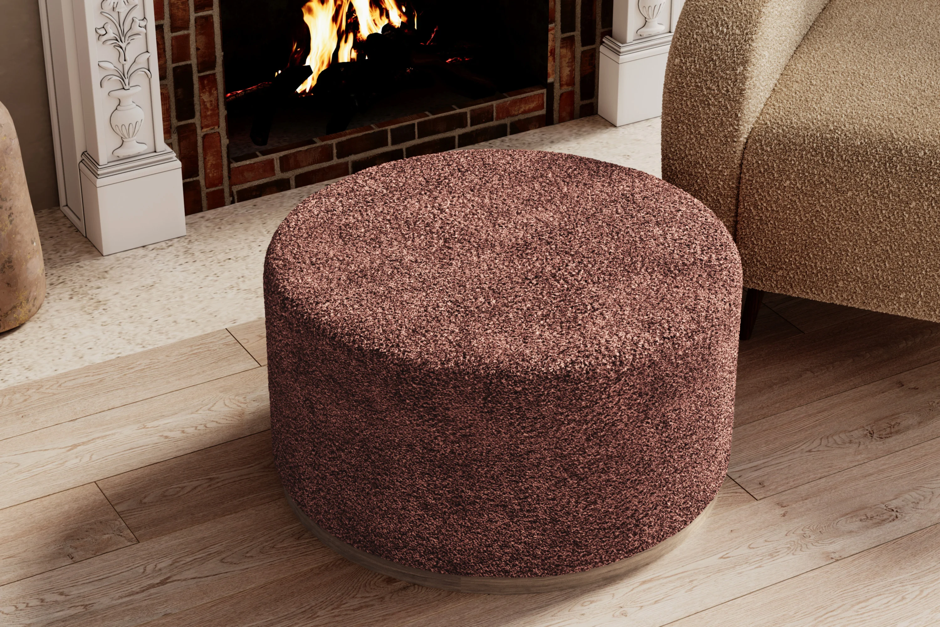 VICTOR - Grand pouf rond ottoman en bouclette | Rose