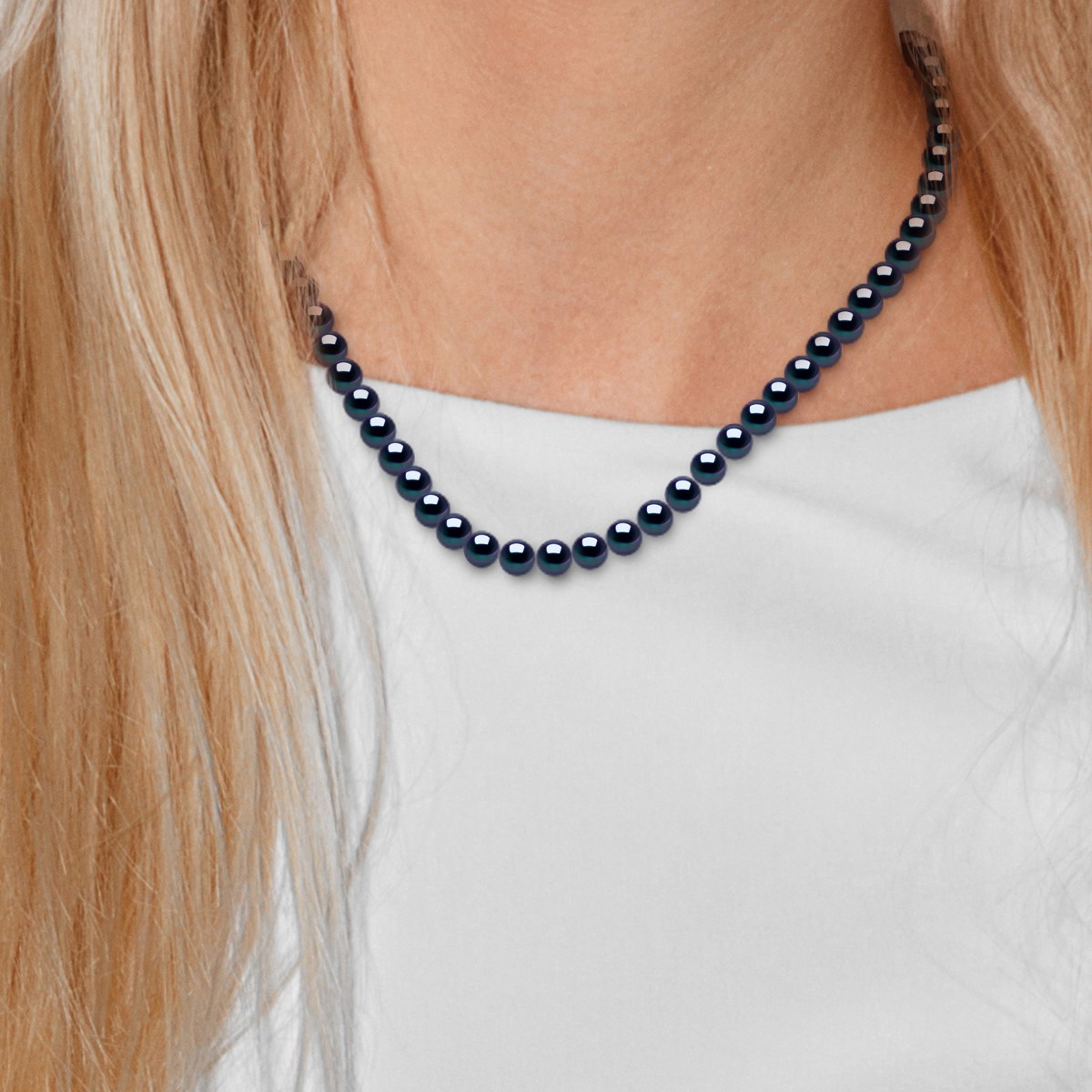 Collier Rang PRINCESSE Perles d'Eau Douce Rondes 7-8 mm Noires Fermoir Prestige Or Blanc 18 Carats