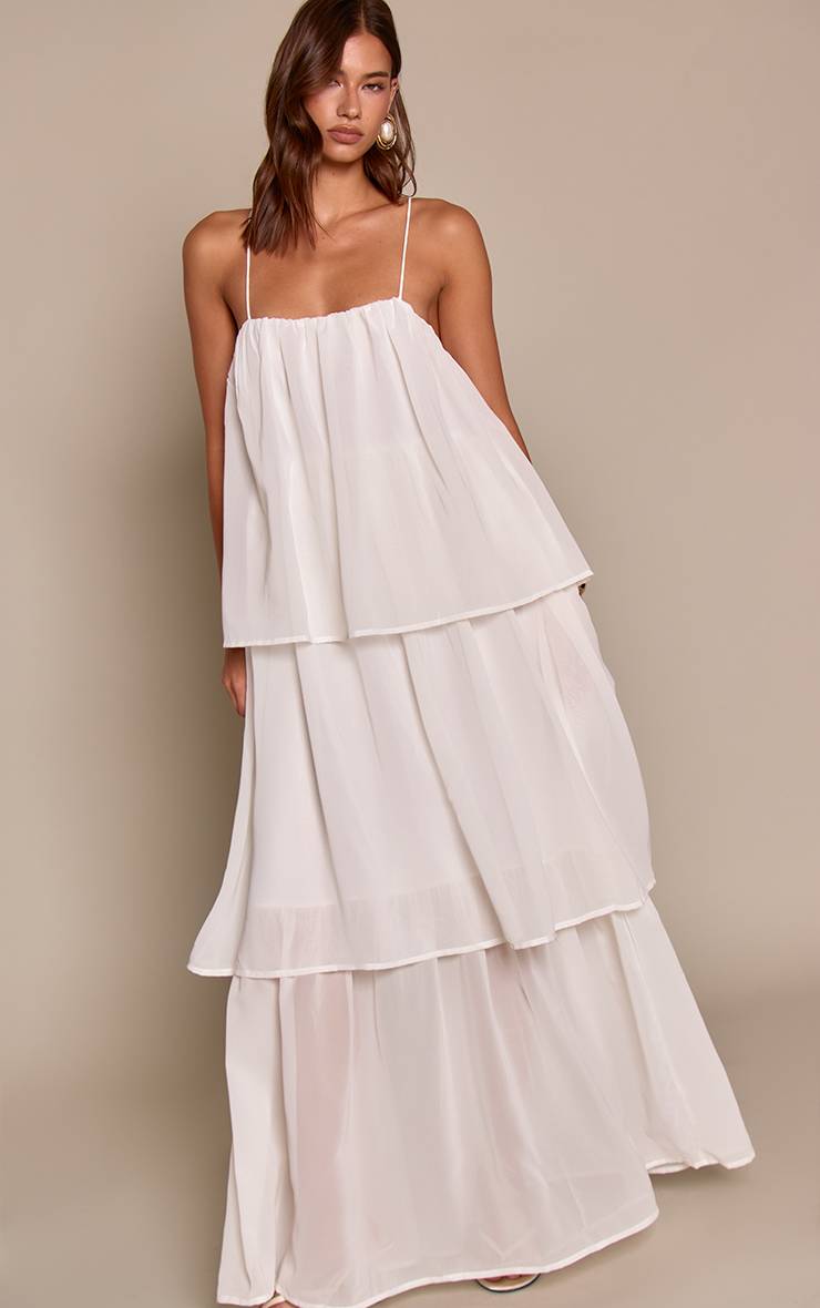 Blanc Robe Longue Évasée En Mousseline À Bretelles Et Volants Étagés