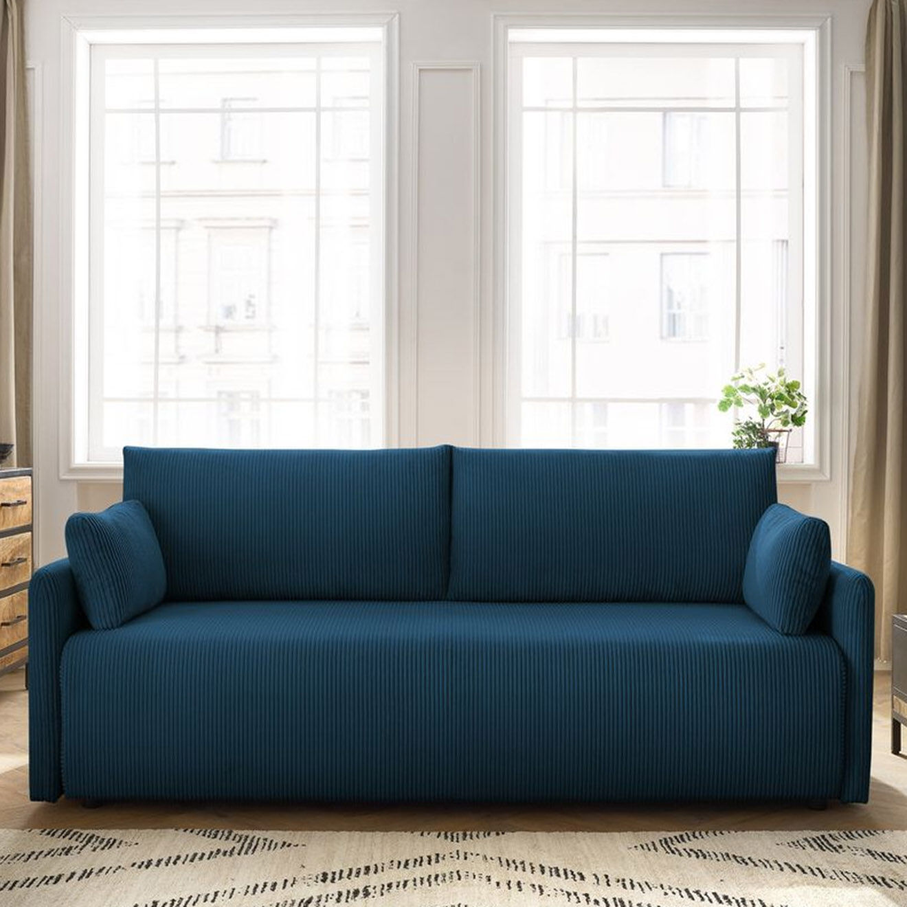 Bobochic Canapé convertible coffre marcel velours côtelé bleu foncé  - 211x100x86 cm