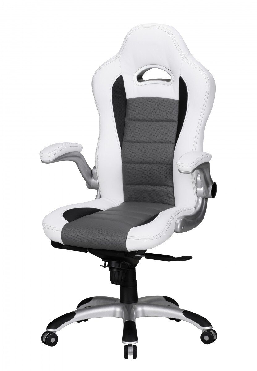 KADIMA DESIGN Chefsessel BISATZIO, ergonomisch, Kopfstütze, klappbare Armlehnen, bis 120 kg, Schwarz/Grau