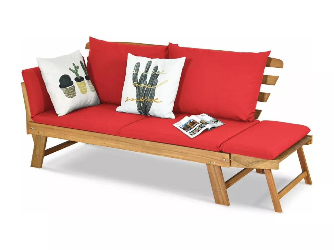 Canapé Lit de Jardin Convertible 2 Places en Bois d’Acacia avec Coussin, Canapé de Jardin 2 en 1 avec Accoudoir Réglable Charge 320KG, pour Patio Piscine (Rouge)