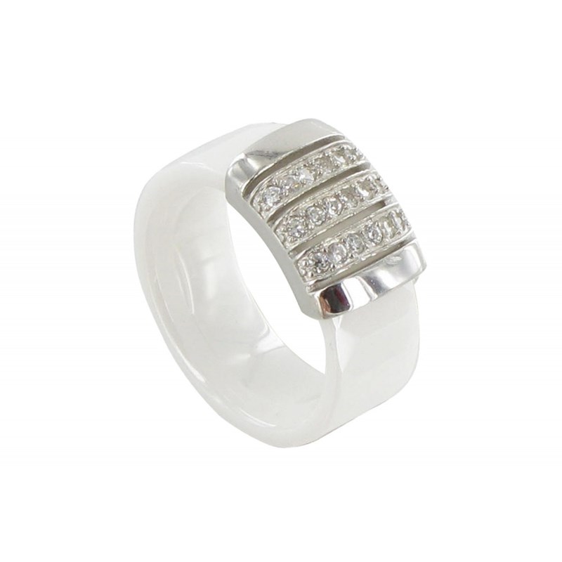 Bague Céramique Blanche Barrette Argent et Strass