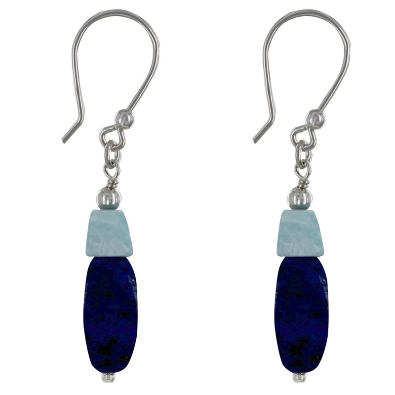 Boucles d'Oreilles Argent Galet de Lapis Lazuli et Pépite de Larimar