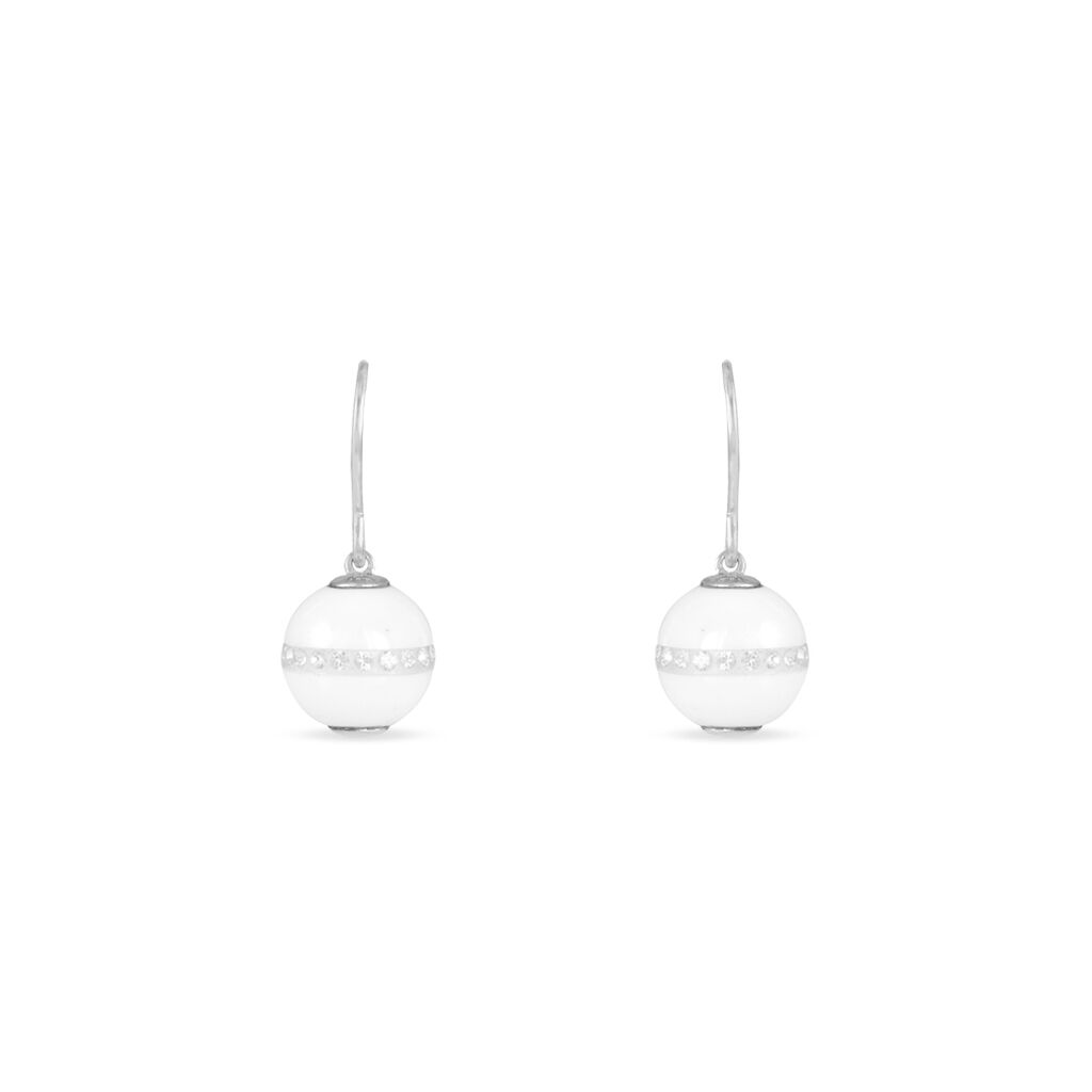 Boucles D'oreilles Pendantes Rose-blanche Argent Strass Et Céramique