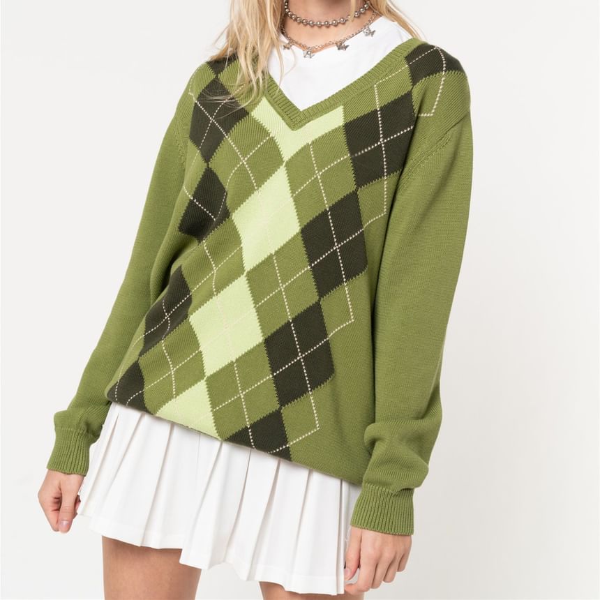 Rosesand - Trui met lange mouwen, V-hals en Argyle-print, losvallend model