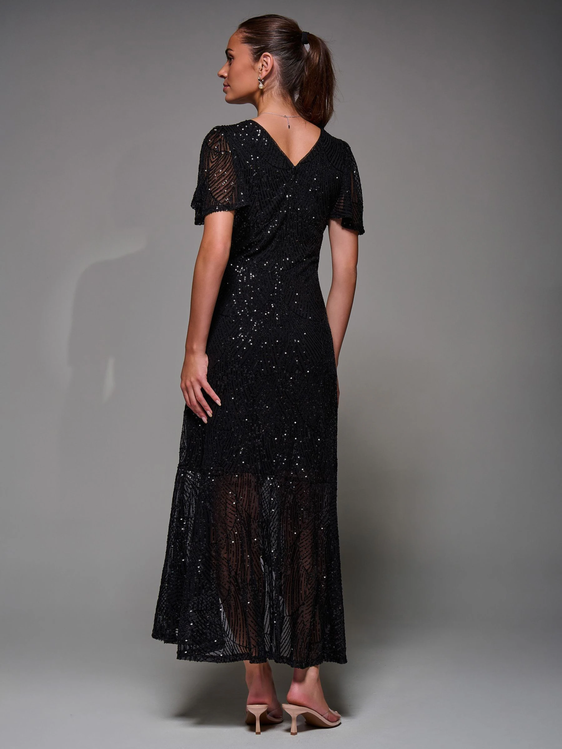 Denim zwart - Jolie Moi Sequin Angel Sleeve Ruffle Hem Maxi Dress