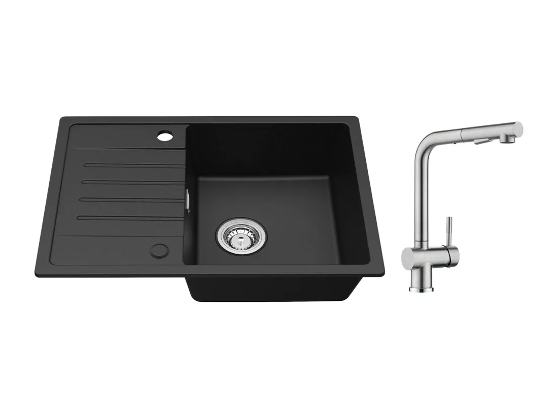 Cecipa max Evier 1 Bac avec Egouttoir Evier à encastrer Quartz et résine Noir 65x45cm + Robinet avec Douchette Mitigeur d'évier Extractible Brossé