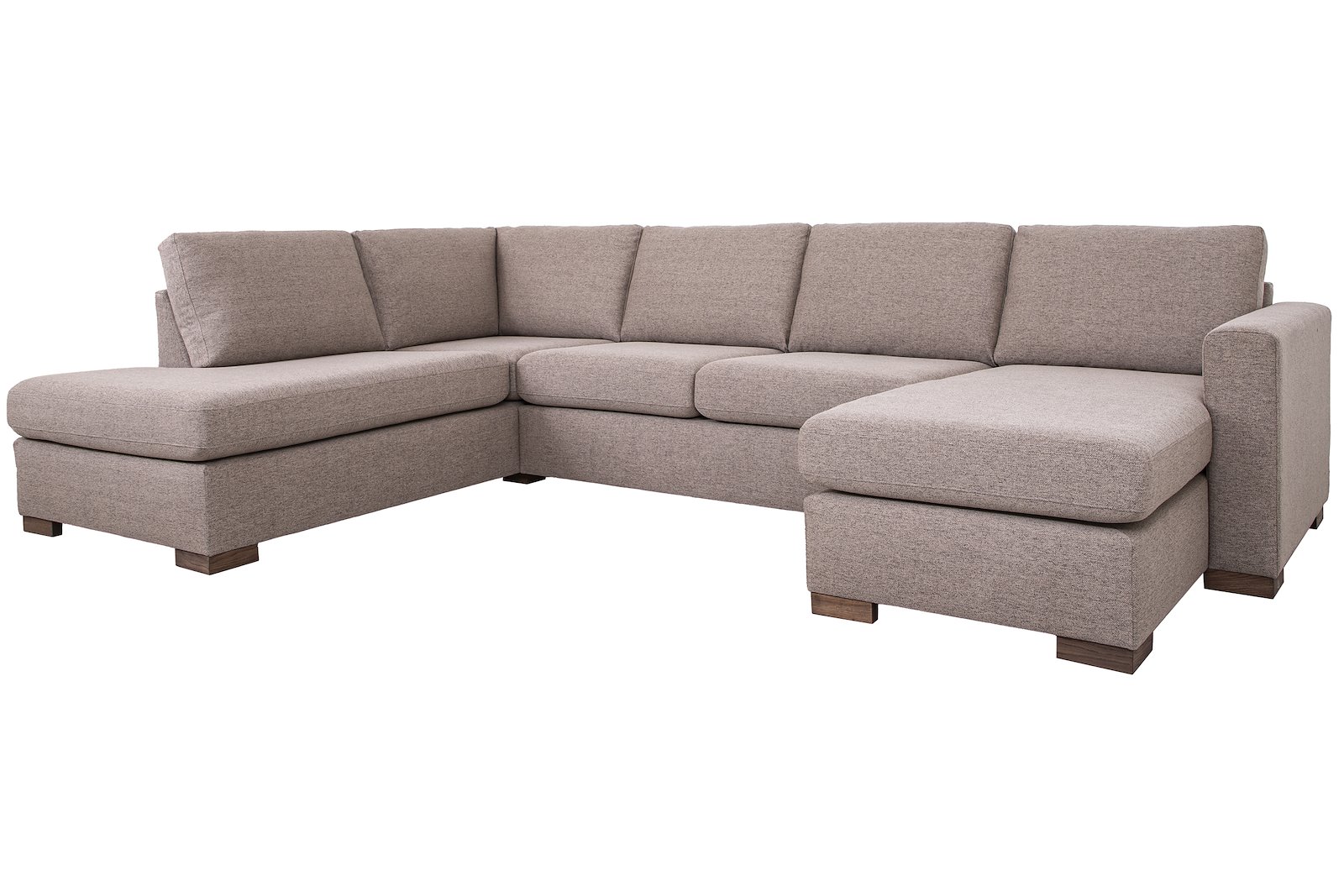 Pixel U-sofa Åpen ende venstre, hjørne, 2-seter og sjeselong høyre. I tekstil Neve 16 beige/greige, lav front, smoked treben W33, og arm A15. Komfort 1.