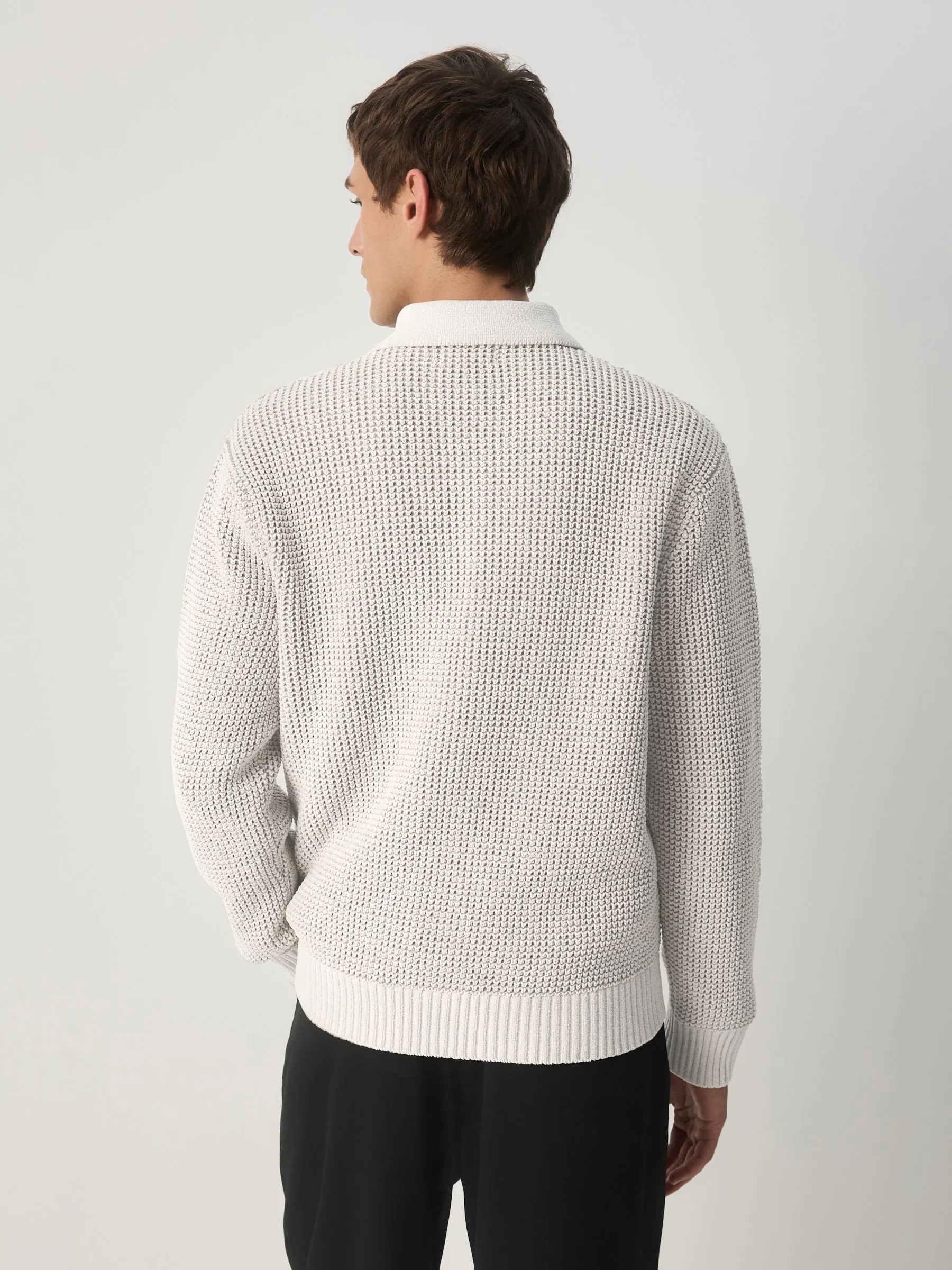 Ecru wit - Relaxed Fit Waffle Textured Chenille Long Sleeve Knit Polo Shirt