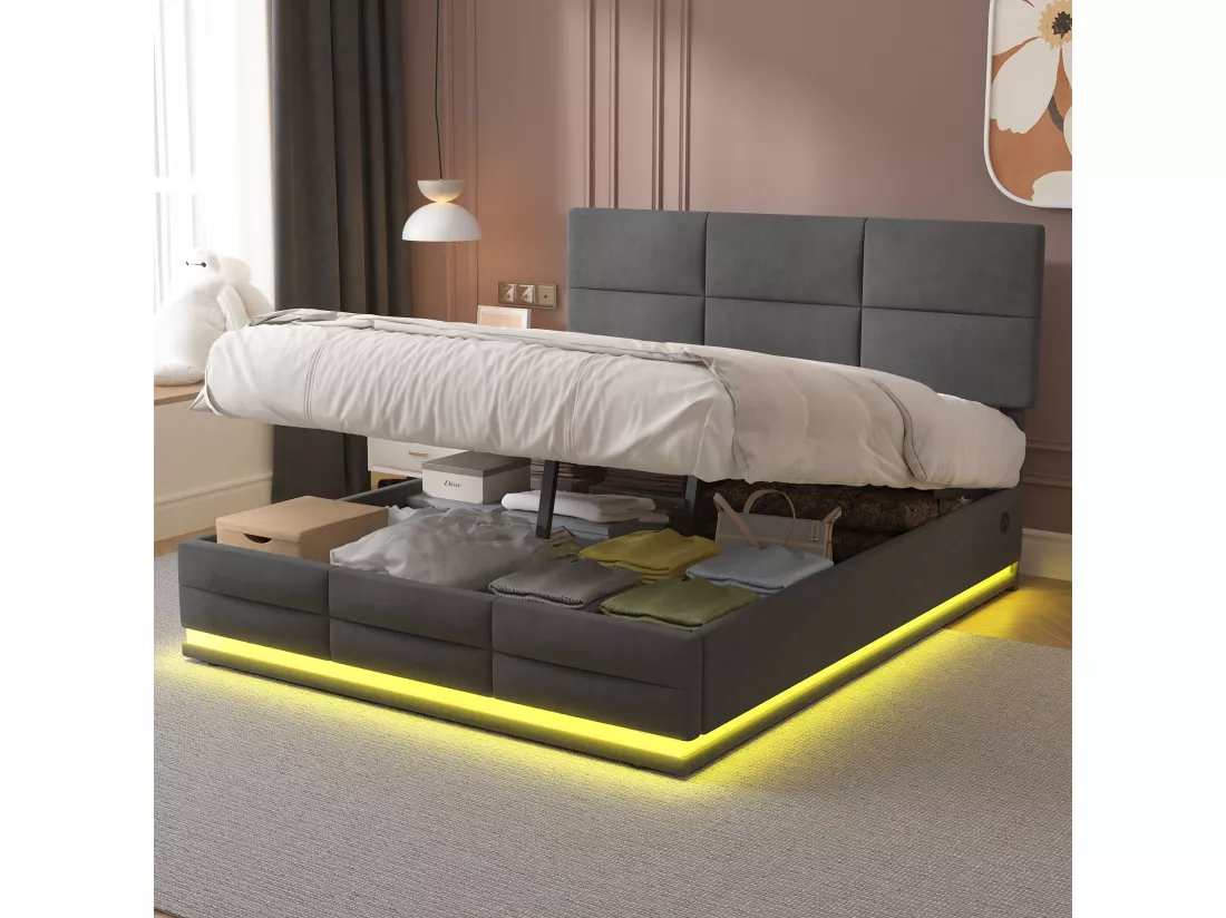 Lit coffre lit double capitonné hydraulique 160 x 200 cm en velours doux pour la peau avec lumières LED et chargeur USB, gris