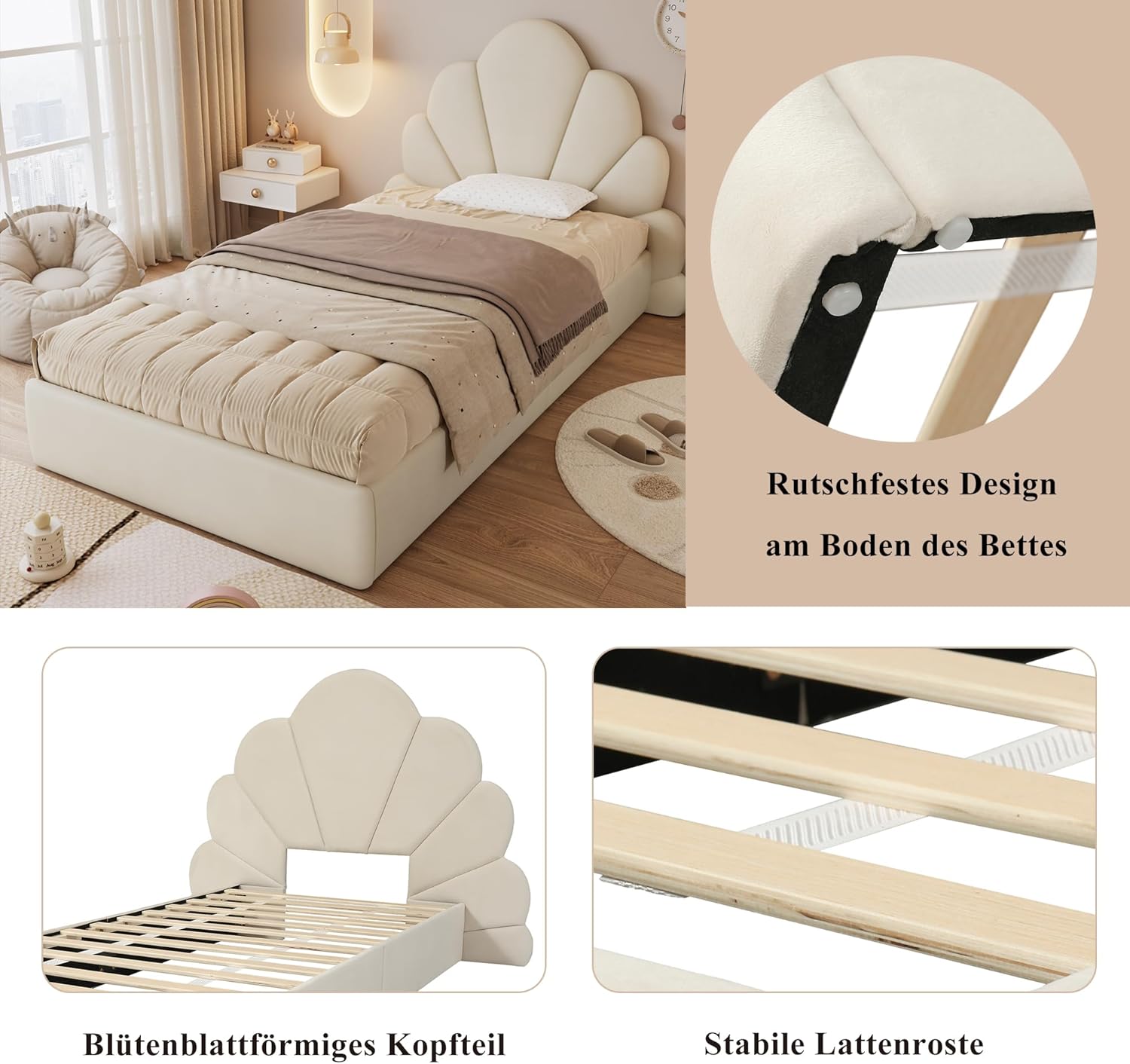 I0I&I0I Einzelbett Polsterbett Samt Beige, Kinderbett Jugendbett mit Kopfteil Blütenblätter, Stabiler Lattenrost, Metallrahmen, Modern Stilvoll rutschfest Einfacher Aufbau (90x200cm)