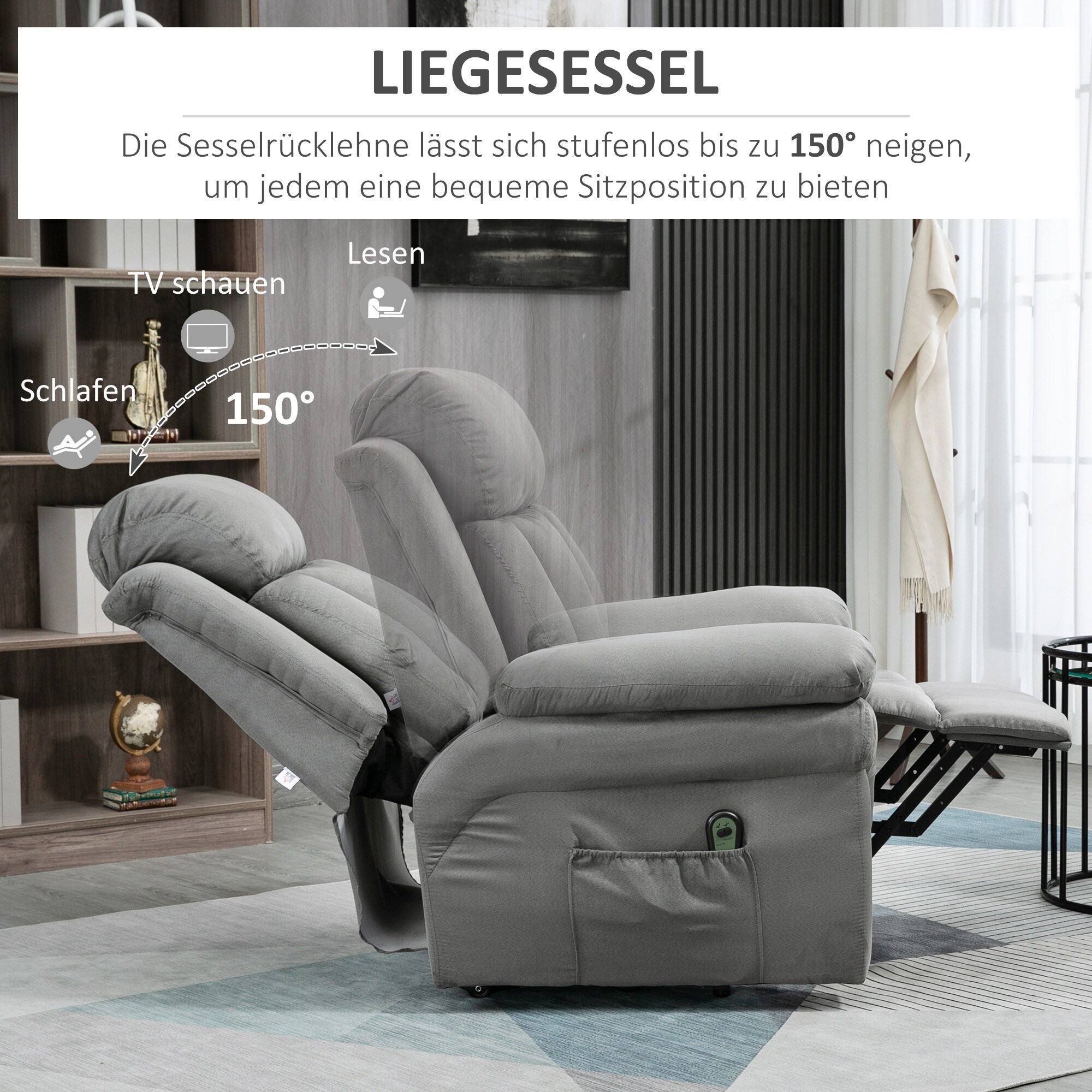 HOMCOM Relaxsessel mit fernbedienungsgesteuerter Aufstehhilfefunktion grau 93L x 96B x 105H cm