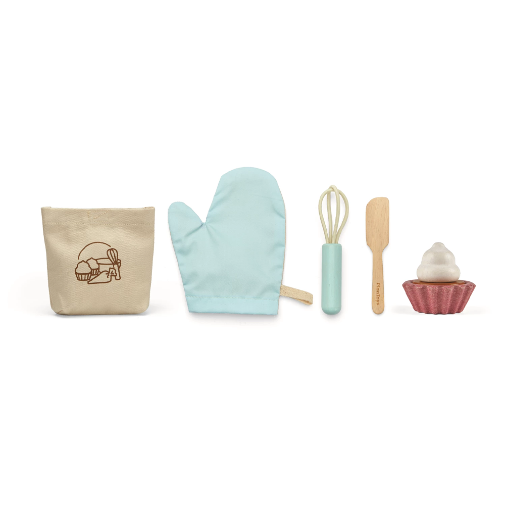 (10-tlg. Set) Holz Cupcakes Kinder Spielzeug Küchen Zubehör Back Spielset inkl. Backblech / Spritzbeutel (3626)