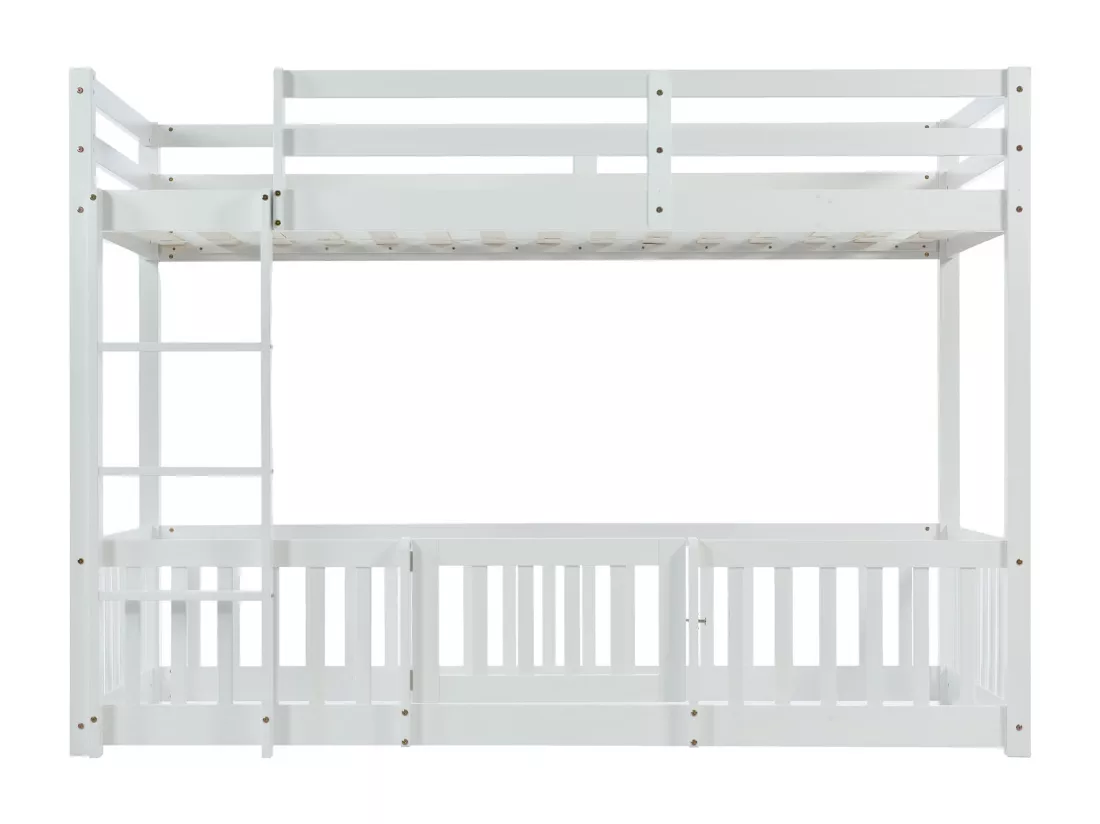 Lit superposé pour enfants avec escalier, lit pour enfants avec protection contre les chutes et barrières, bois massif, blanc 200x90 cm