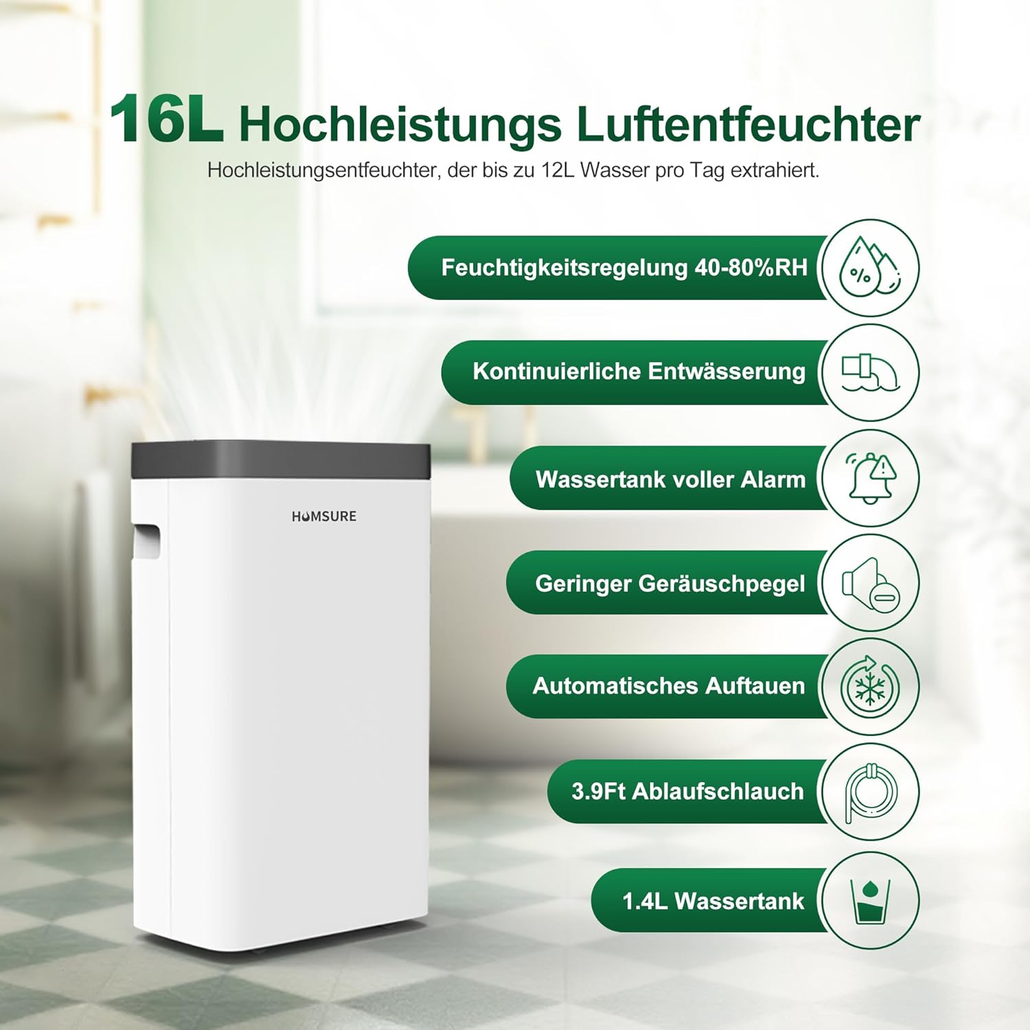 Luftentfeuchter 16L, Entfeuchter elektrisch, Luftentfeuchter Keller für Räume bis zu 122m³/25m², mit 1.2M Ablaufschlauch, Timer, 10 J. Gar.