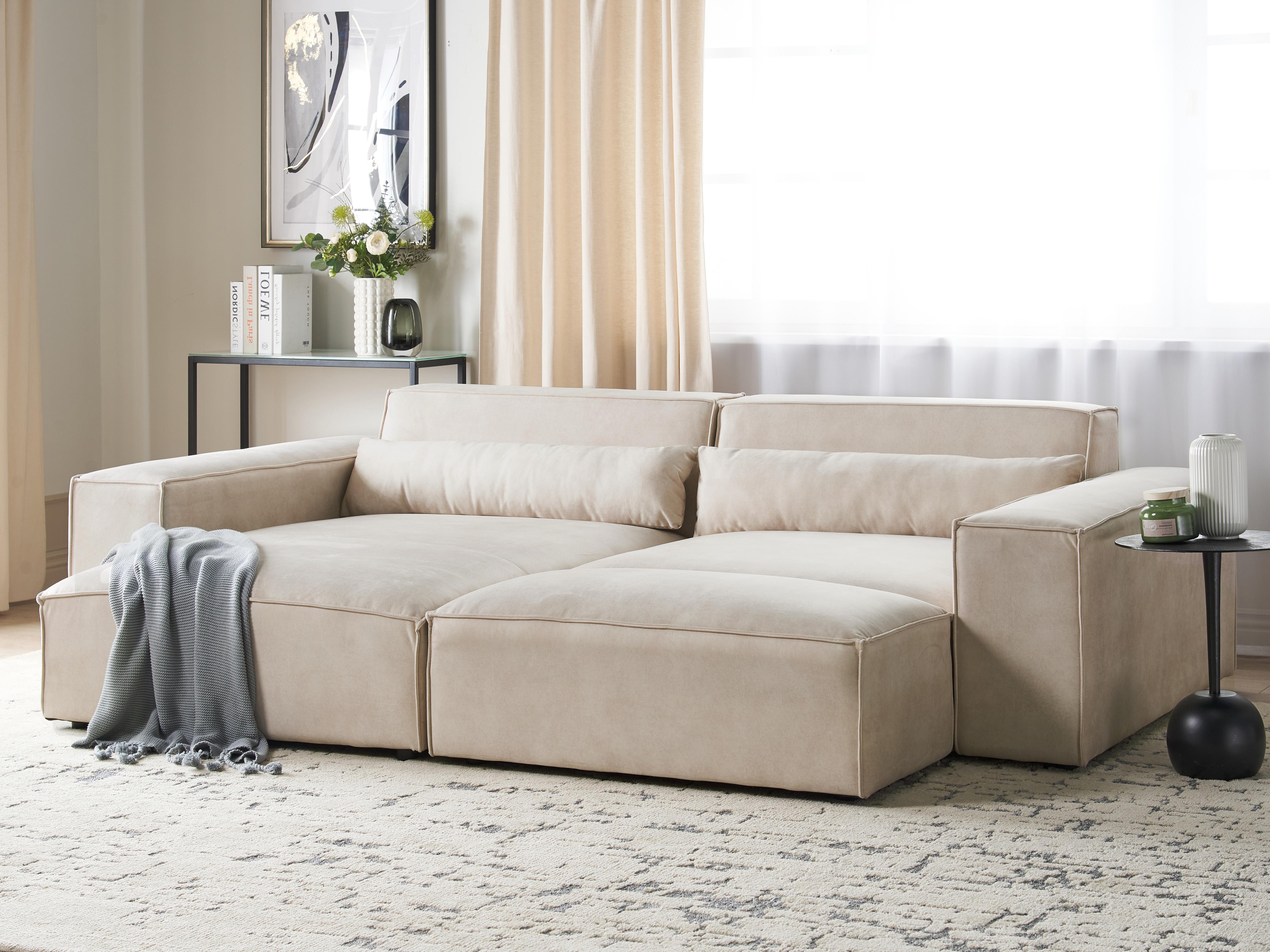 Modulaire hoekbank 2-zits HELLNAR Fluweel Lichtbeige met ottomaan rechtszijdig