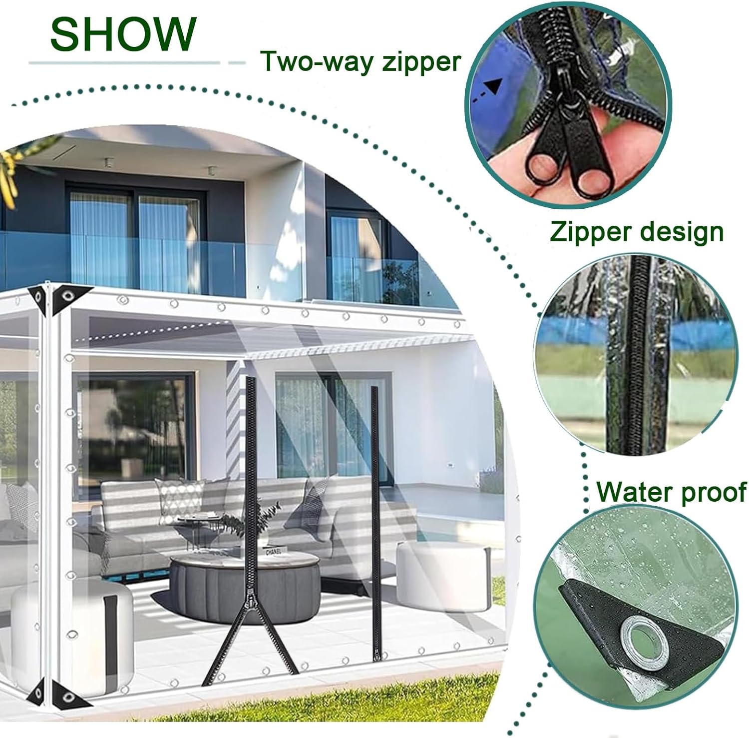 Transparente PVC Plane Seitenteil Mit Reissverschluss Tür, Mit Ösen, Outdoor Durchsichtige Plane Vorhänge,Pergola Terrasse Veranda Carport Pavillon wasserdichte Regenfest(H2.2xW3m/H7.2xW9.8ft)