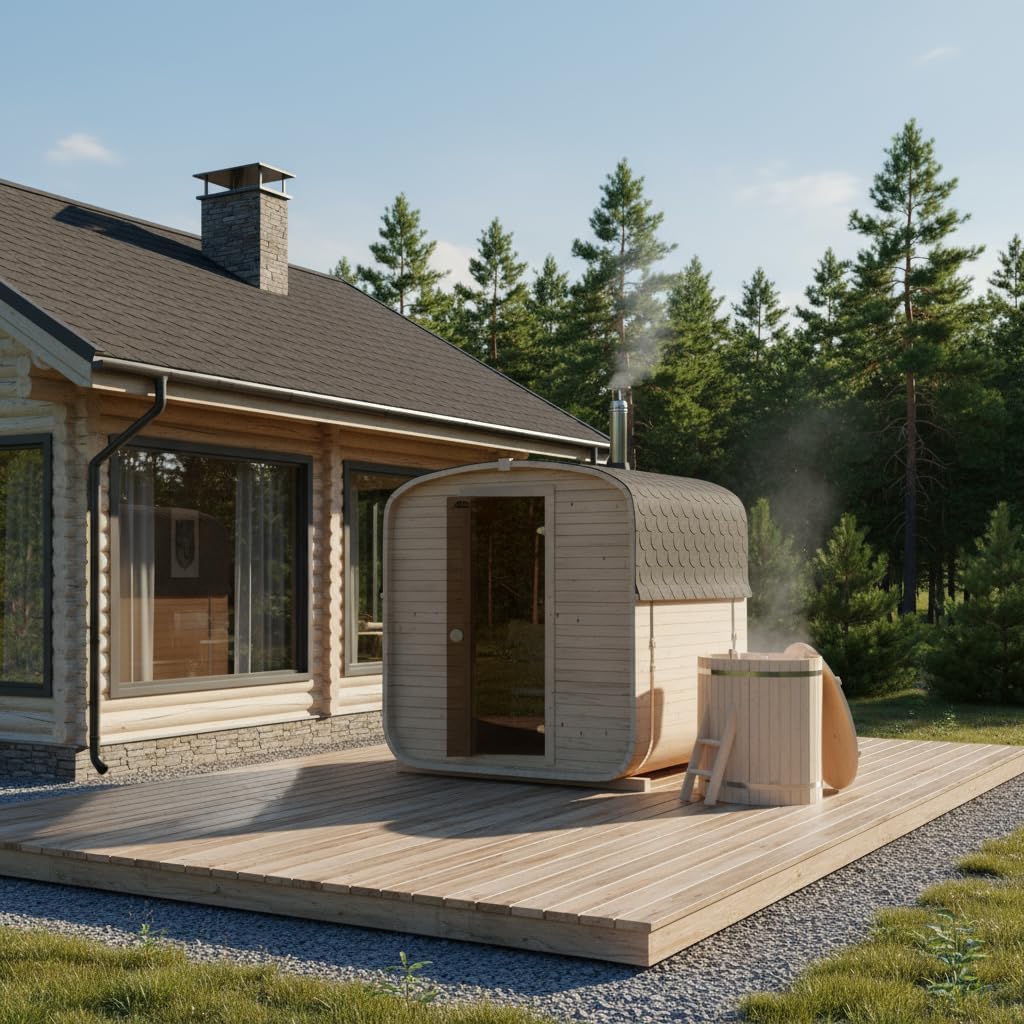 1QL Fasssauna Gartensaunas Garten Outdoor Sauna aus Fichtenholz – Verschiedene Größen (3–4 Personen) – mit Holzofen ETNA
