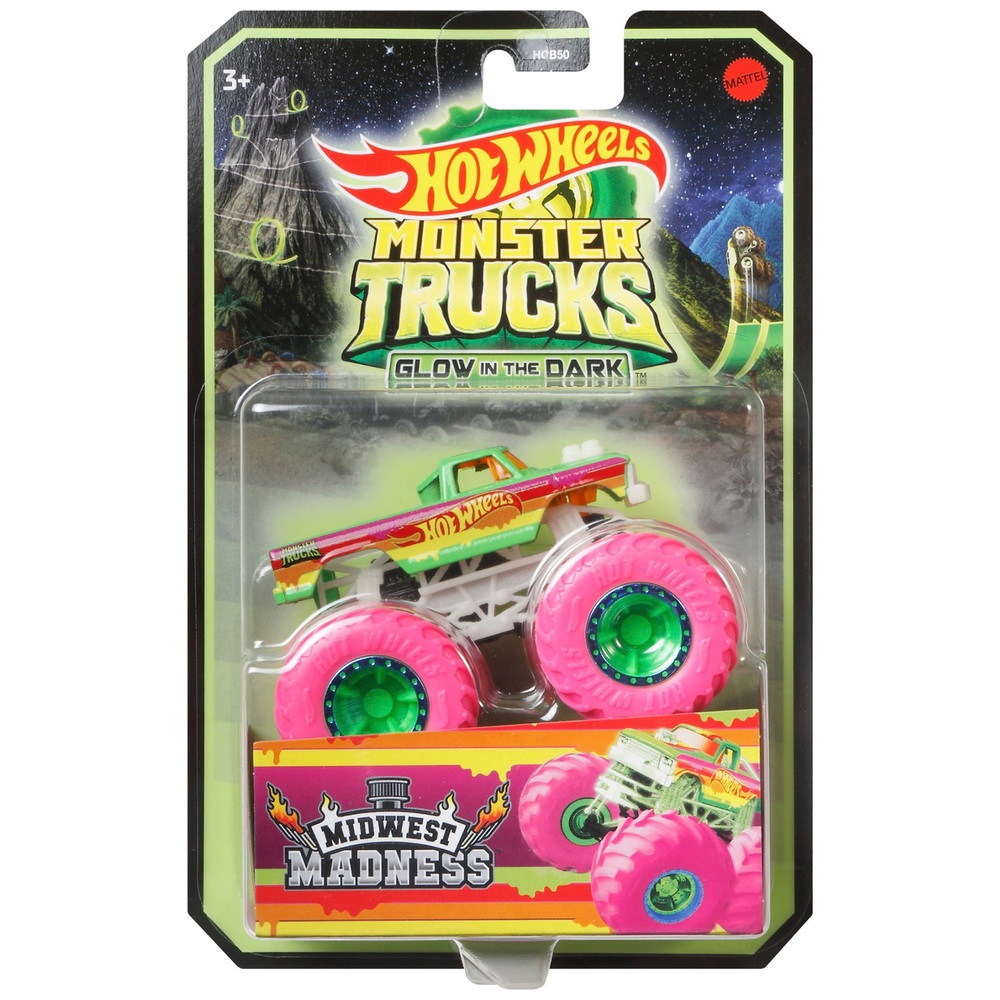 Hot Wheels Monster Trucks, leuchtend im Dunkeln, Spielzeug-LKW-Sortiment im Maßstab 1:64