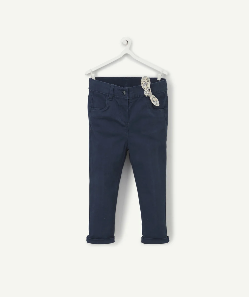 PANTALON SLIM FILLE EN DENIM BLEU MARINE AVEC NOEUD FLEURI