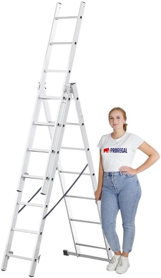 PROREGAL Economy Basic 3-delige multifunctionele ladder met dwarsbalk, 3 x 7 sporten, werkhoogte 4,23 m, draagvermogen 150 kg