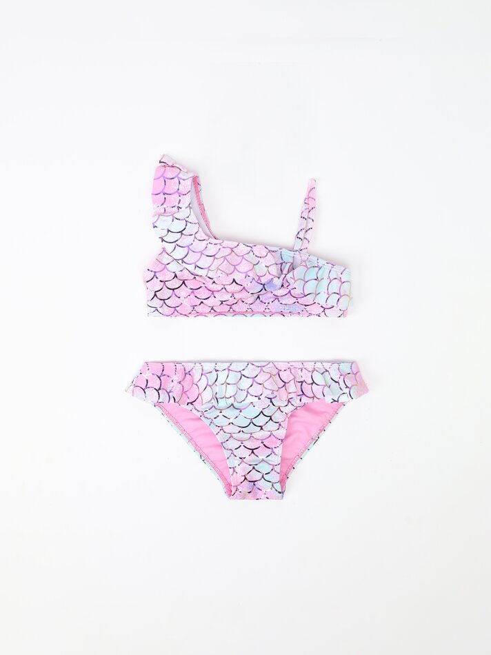 Conjunto de biquíni de duas peças e scrunchie com estampa de sereia - Rosa