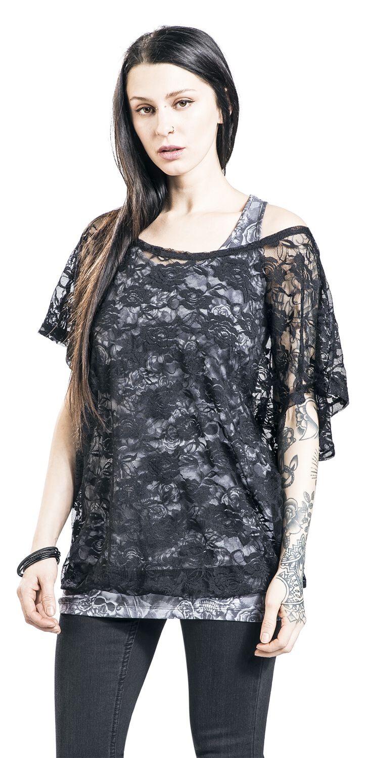 Haut Gris Avec T-Shirt En Dentelle Noire | Black Premium by EMP T-Shirt Manches courtes