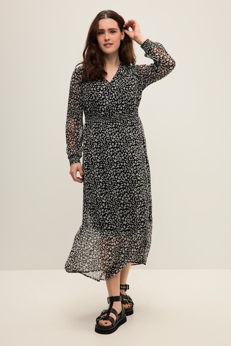 Maxikleid, A-Line, Totenkopf Print, V-Ausschnitt, Langarm