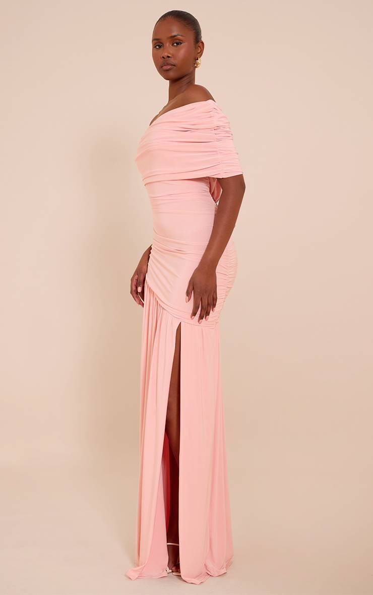 Rose Pâle Robe Longue Froncée À Double Couche Slinky Bardot Asymétrique