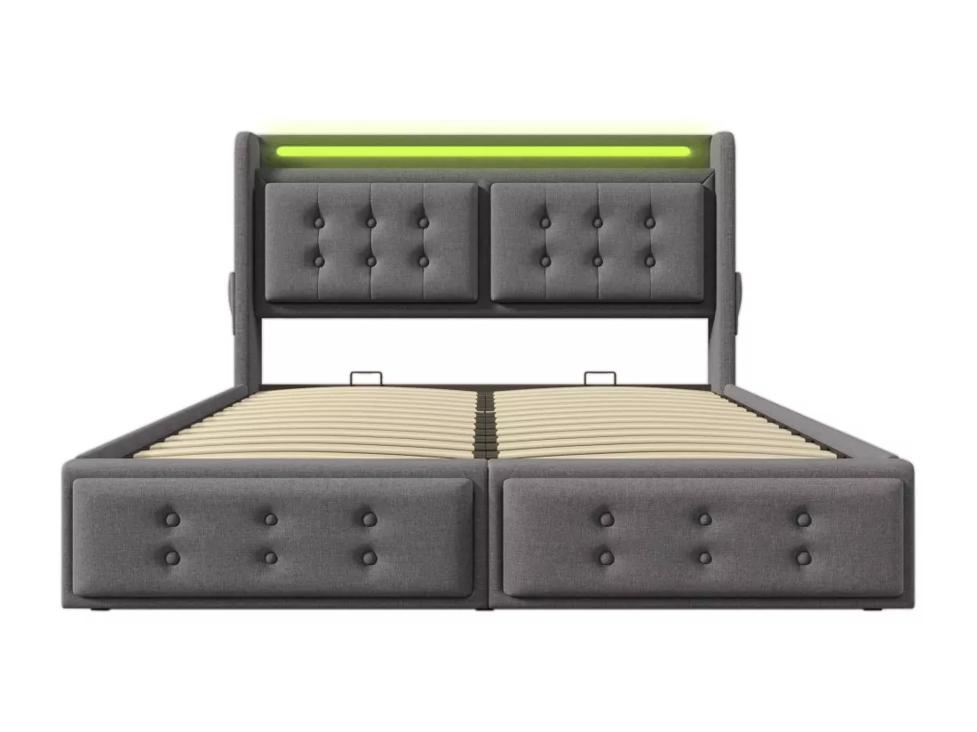 Lit coffre 180x200cm en tissu lin - avec LED et Ports de recharge - Gris