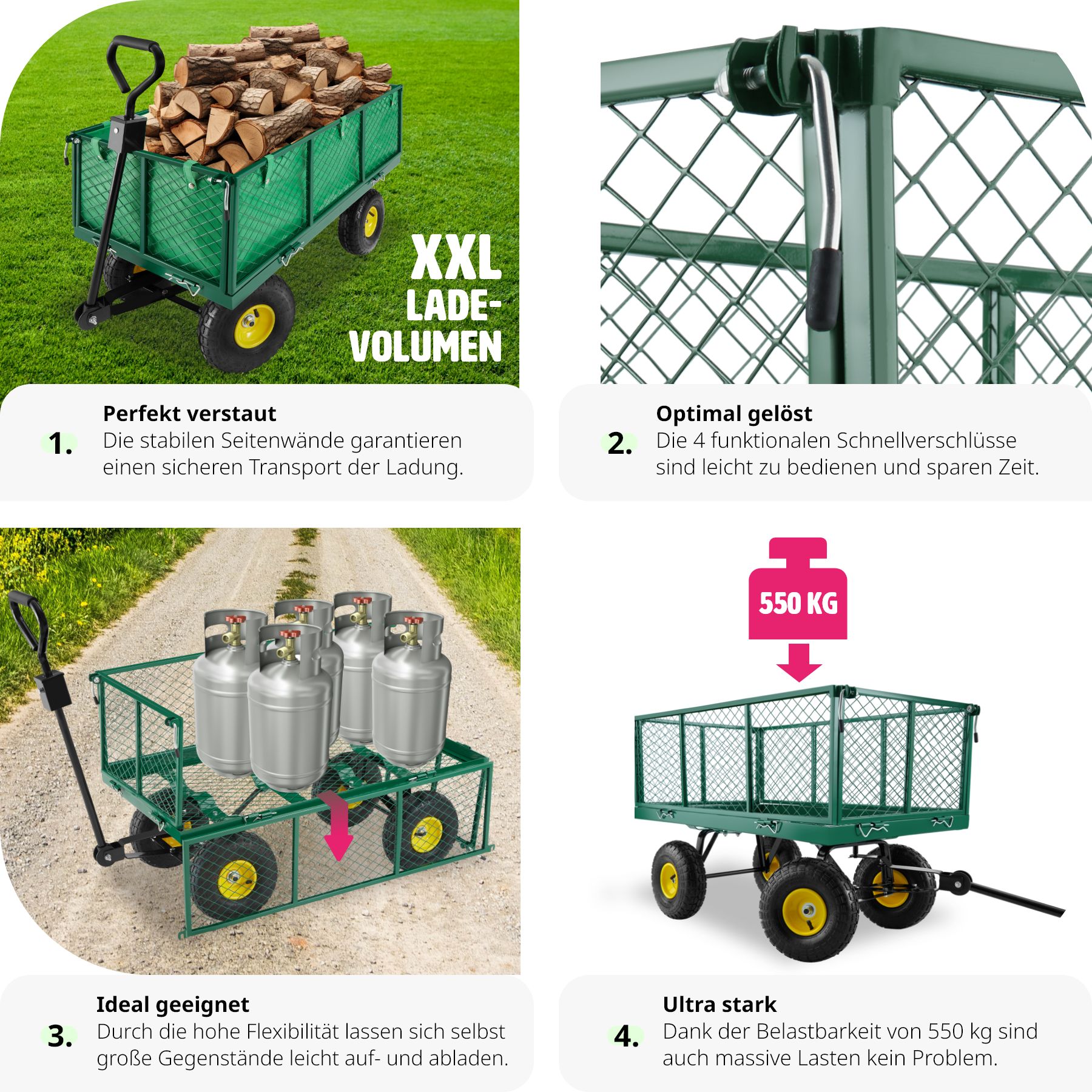 tectake® Bollerwagen, mit klappbaren Seitenwänden, leichtgängige Lenkachse mit gepolstertem Griff, Belastbarkeit 550 kg