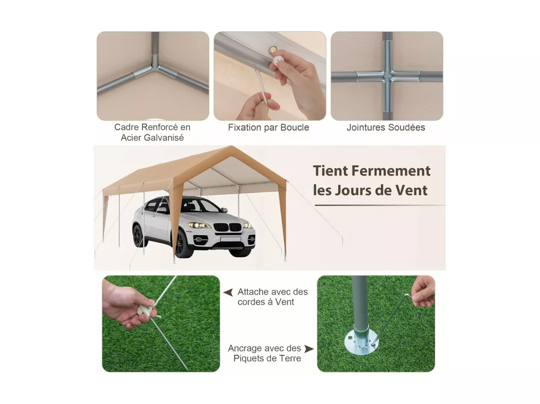 Abri de Voiture/Carport 3 x 6 m - Cadre en Acier Galvanisé/Tente de Garage PE 160g/㎡ Tente de Réception/Tonnelle Extérieure