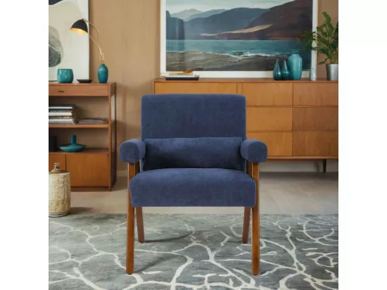 Fauteuil en Sherpa Bleu - pieds en bois massif - avec accoudoirs rembourrés - charge max 125kg - 73x68x83cm