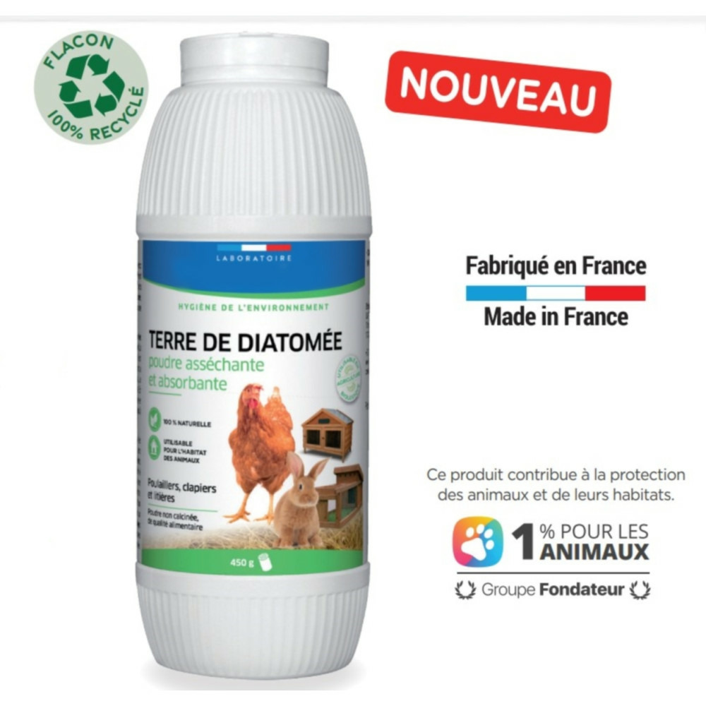 Terre de diatomée 450 g, asséchante, absorbante pour poulaillers, clapiers,