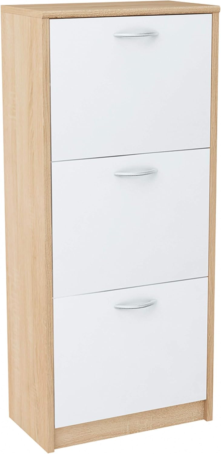 MATKAM Schuhschrank aus Holz 3S, in Schlichter Optik, B 50 x H 116 x T 28 cm, laminierte Möbelplatte 16 mm, mit Rückwand, 3 ausklappbare Schuhablagen (Sonoma Eiche – Weiß)