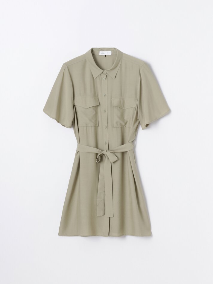 Vestido curto estilo camisa - Cáqui
