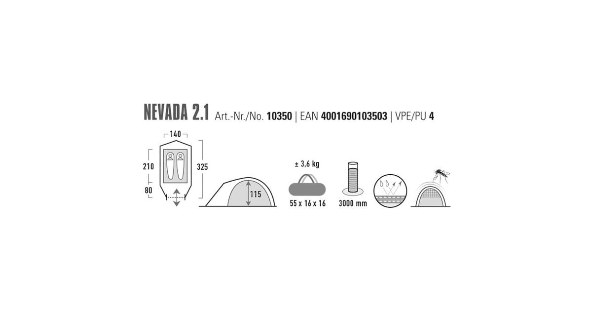 High PeakNevada 2.1 tent  (Donkergroen/grijs, Climate Protection 80)